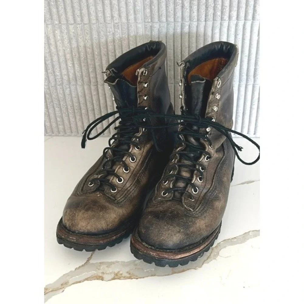Vintage Chippewa Lace Up Work Boots Leather Distressed Brown Black 8.5 E Wide